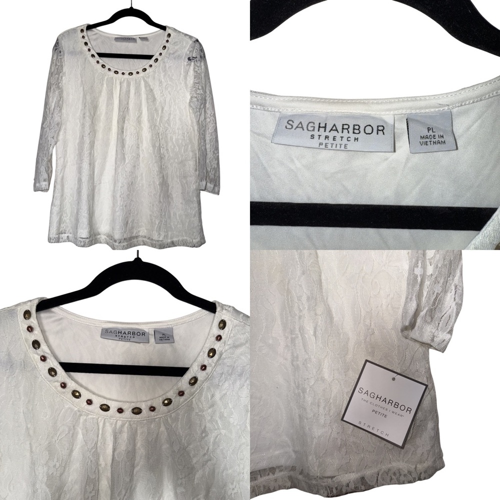 Sag Harbor White Lace 3/4 Sleeve Blouse with Stone Embellishments NWT